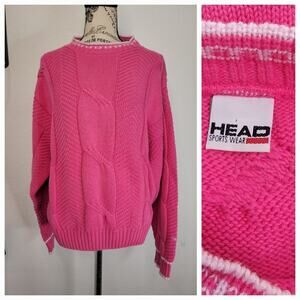 Vintage Head Sportswear Knit Sweater Womens Sz Medium Barbie Pink Retro Varsity